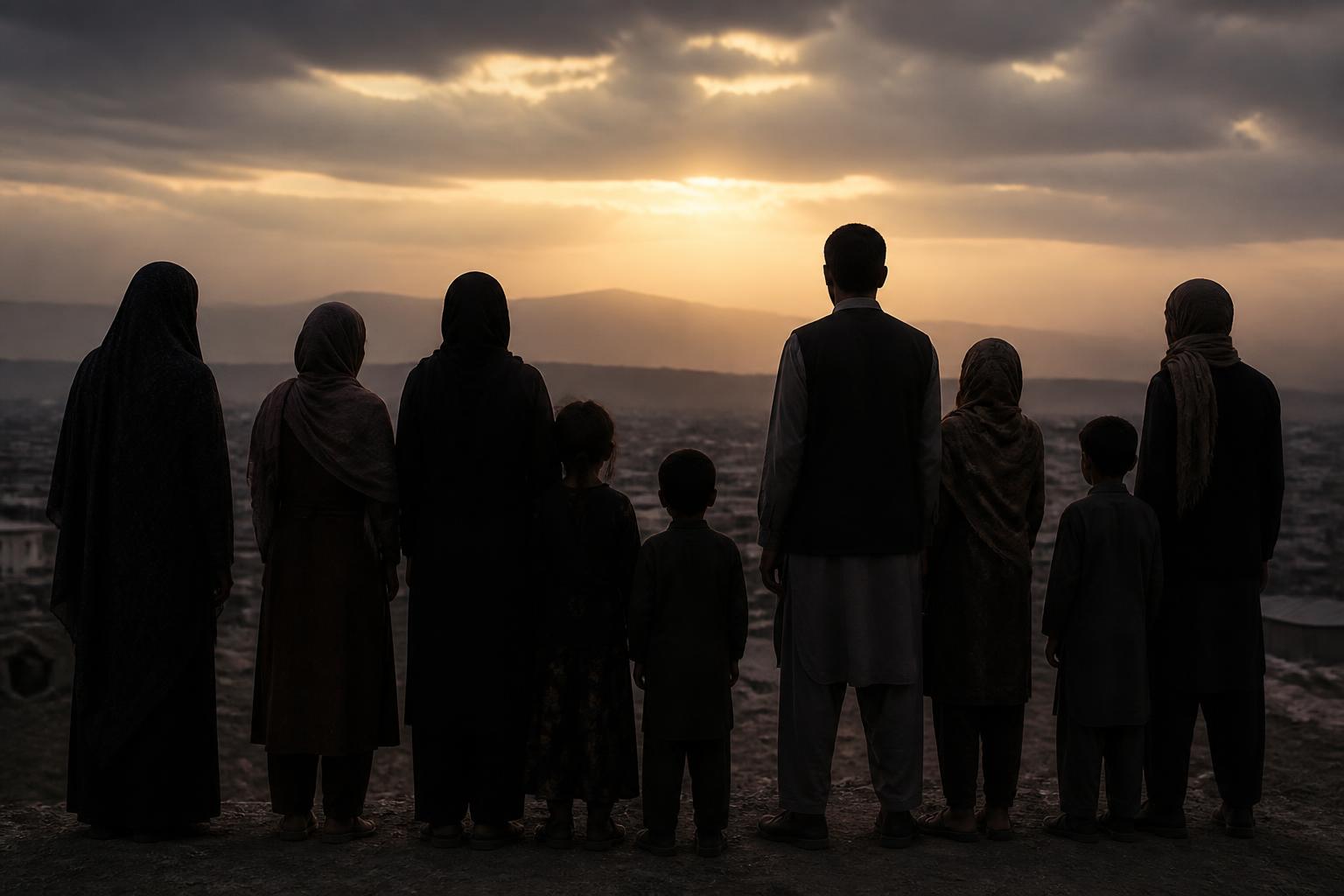 Silhouettes of Afghan families at dusk